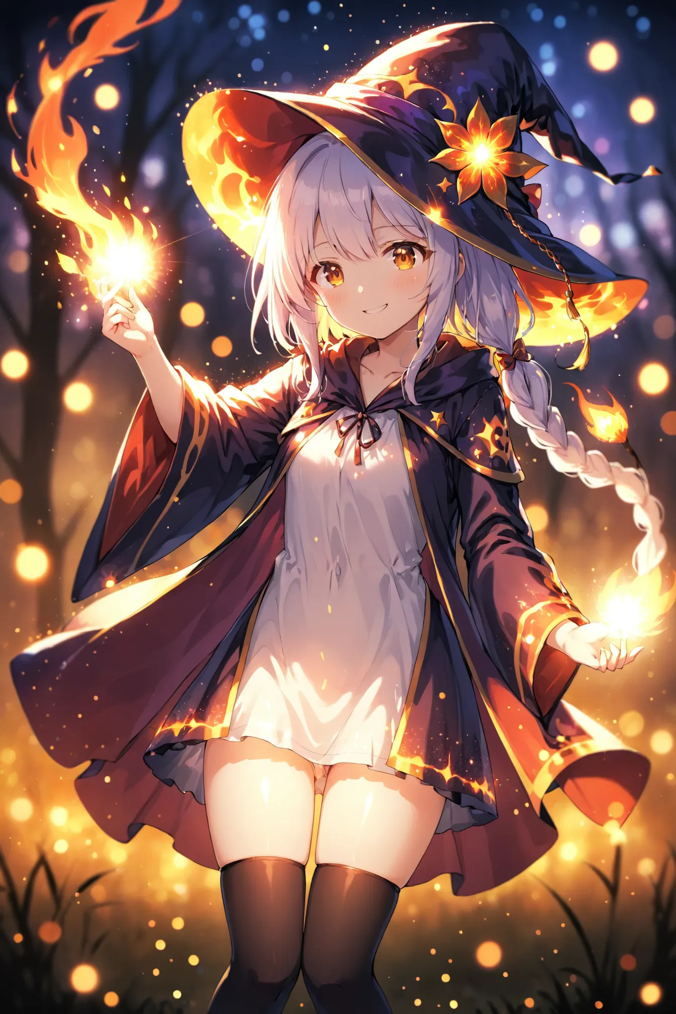 02094-1441019146-anime, girl, wizard hat, robe, thighhighs, close-up, happy, magic, fire, bokeh, depth of field, transparent, li.webp